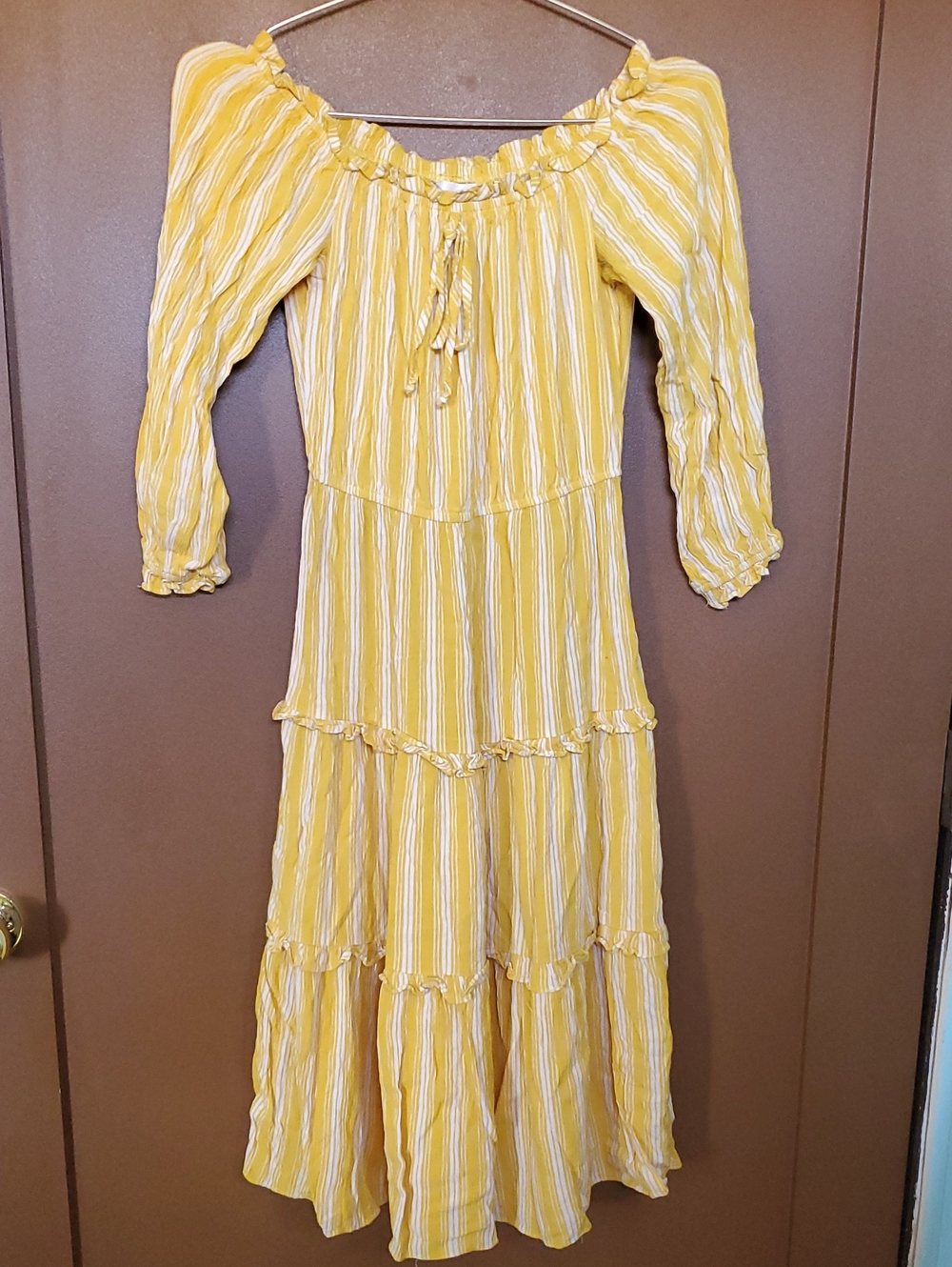 LC Lauren Conrad Yellow and White Striped Off-Shoulder Midi Dress